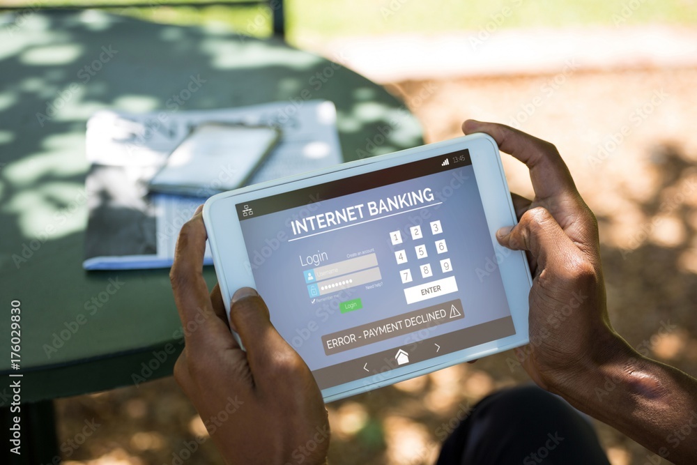 Poster composite image of internet banking text with log in page on