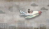 Aviator in drawn airplane. Mixed media
