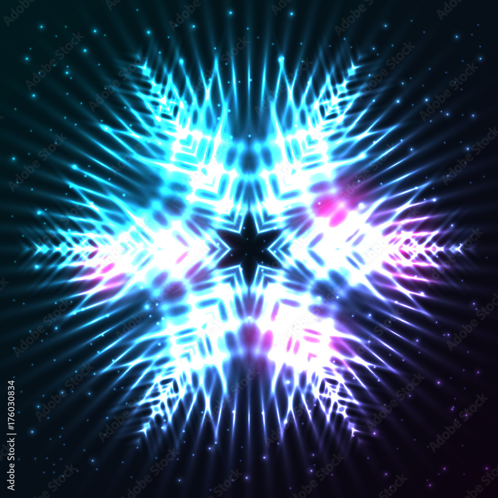 Wall mural bright, shining and glaring abstract snowflake. beautiful decorative cosmic star on dark background.