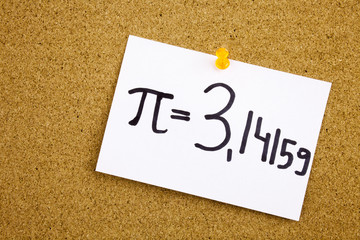 A yellow sticky note writing, caption, inscription Phrase pi in black ext on a sticky note pinned to a cork notice board