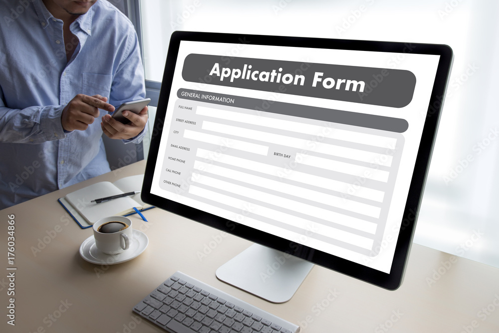Aufkleber business man working on laptop computer use online web job application form moniter