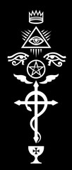 CRUX SERPENTINES: Crown, Eye of Providence, The Winged Serpent Cross, Black Pentagram and Holy Grail. (Mystical signs and Occult symbols of Illuminati and Freemasonry).