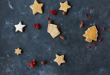 Gingerbread  cookies on a gray background.  Christmas cookies.