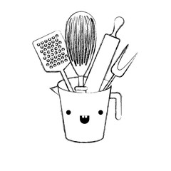 jar with kitchen utensils and roller pin monochrome blurred kawaii silhouette