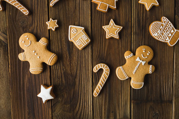  Christmas cookies  on a wooden background. Gingerbread.