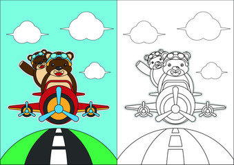 bear on the plane vector cartoon for coloring book or page