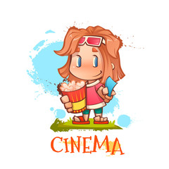 Vector illustration of cute girl with popcorn and ticket