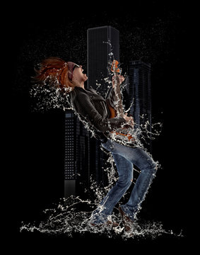 Woman playing guitar and water splash - black background