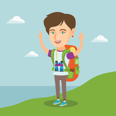 Young caucasian cheerful tourist with a backpack standing on the cliff with raised hands and enjoying the scenery. Happy tourist hiking in the mountains. Vector cartoon illustration. Square layout.