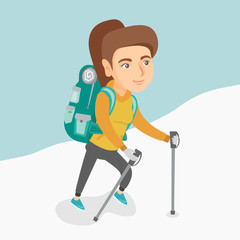 Caucasian mountaineer climbing a snowy ridge with help of hiking poles. Young mountaineer with a backpack and trekking poles walking up along a snowy ridge. Vector cartoon illustration. Square layout.