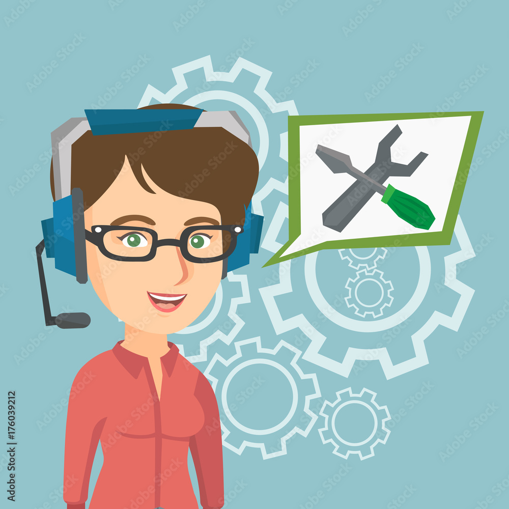 Poster caucasian female operator of technical support wearing headphone set. young technical support operat