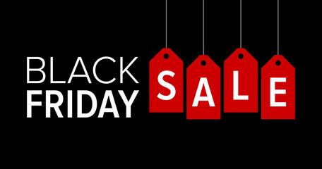 Black Friday sale promotional marketing banner / poster with red tags flat vector illustration