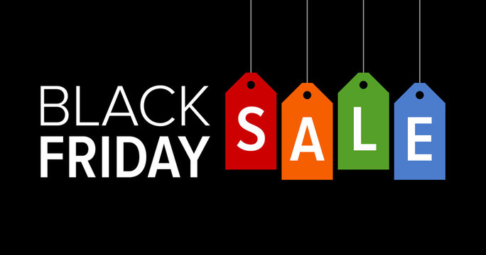 Black Friday sale promotional marketing banner / poster with colorful tags flat vector illustration