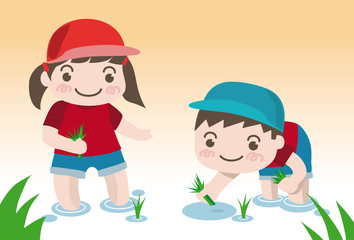 田植えのイラスト-幼稚園児の女の子と男の子（ベクター）