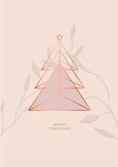 Rosegold Christmas tree vector greeting card, minimal illustration design with metal triangle shapes, star, pastel colors, organic foliage on background. Text message: merry Christmas.