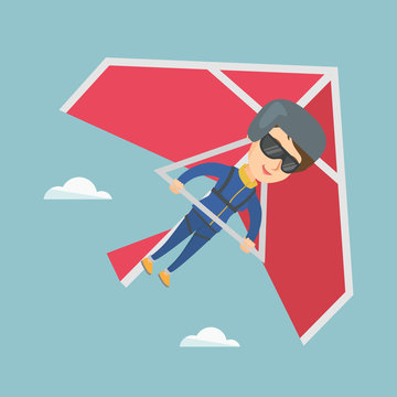 Young caucasian woman flying on hang-glider. Sportswoman taking part in hang gliding competitions. Woman having fun while gliding on deltaplane in sky. Vector cartoon illustration. Square layout.