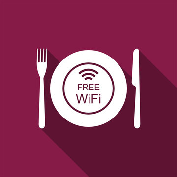 Restaurant Free Wi-Fi zone. Plate, fork and knife icon isolated with long shadow. Flat design. Vector Illustration