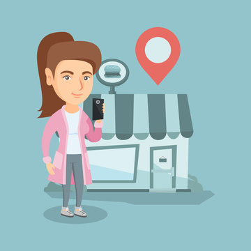 Caucasian woman holding a smartphone with mobile app for looking for a restaurant. Woman using smartphone on the background of restaurant with map pointer. Vector cartoon illustration. Square layout.