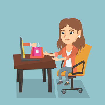 Young caucasian woman getting shopping bags from a laptop. Happy woman making an online order in a virtual shop. Woman using a laptop for online shopping. Vector cartoon illustration. Square layout.
