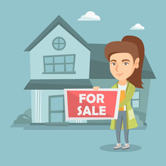 Young caucasian broker offering the house for sale. Broker with placard for sale and documents in hands standing on the background of house for sale. Vector cartoon illustration. Square layout.