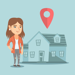 Smiling caucasian real estate agent standing on the background of house with map pointer. Young happy real estate agent offering the house. Vector cartoon illustration. Square layout.