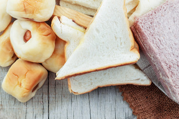 Many breads on wooden.