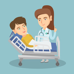 Young doctor visiting a patient in a hospital room. Doctor pointing finger up during consultation with a patient who lying on a hospital bed. Vector cartoon illustration. Square layout.