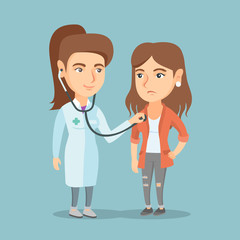 Fototapeta premium Young caucasian doctor listening to the chest of a patient with a stethoscope. Patient visiting a doctor. Doctor examining chest of a female patient. Vector cartoon illustration. Square layout.