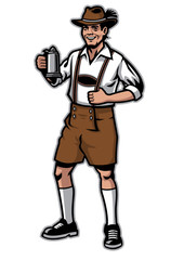 bavarian man and wearing lederhosen and hold  beer mug