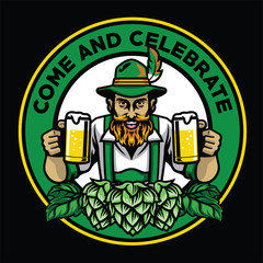 bearded bavarian man badge with beer and hops