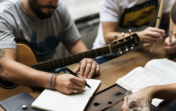 Men Play Guitar Write Song Music Reheaesal