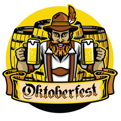 bearded bavarian man with beer barrel for oktoberfest