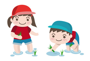 田植えのイラスト-幼稚園児の女の子と男の子（ベクター）白バックグラウンド版