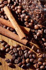 Aroma coffee chocolate cookies and spices on the wooden table. Dark wooden background. Top view. Close. Closeup.