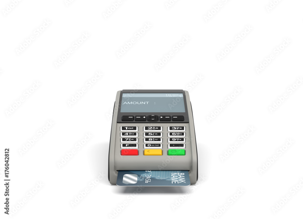 Poster 3d rendering of a card payment terminal with a sticking plastic card inside on white background.