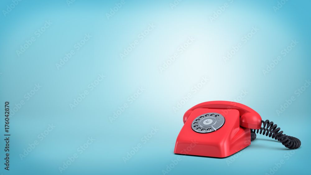 Poster 3d rendering of a red retro rotary phone with a black cord stands unused on blue background.