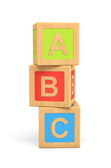 3d rendering of three wooden toy cubes with ABC lettering isolated on white background.