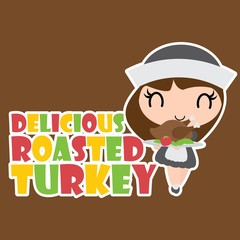 Cute pilgrim girl brings roasted turkey vector cartoon illustration for happy thanksgiving's day card design, wallpaper and kid t-shirt design