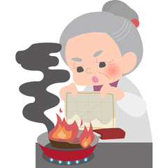 濡れ布巾で消火するおばあさん