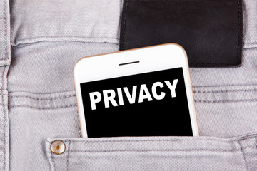 Privacy. Smartphone in jeans pocket. Technology business analysis and Access Identification Password background.