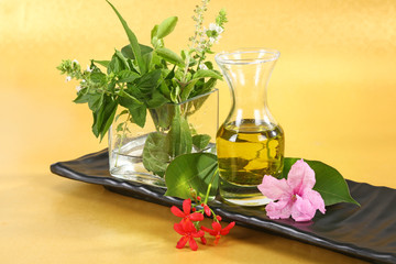Fototapeta na wymiar Ayurvedic Oil or Herbal Hair Oil with Herbs