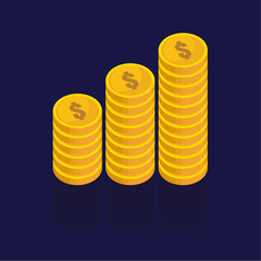 Gold coins vector icons, golden coins stacks and heaps. on blue background. illustration. logo. Symbols