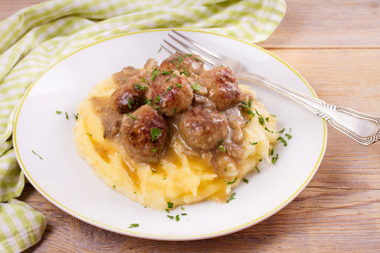 Beef Meatballs With Mushroom Gravy On Mashed Potato