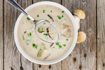 Portion of Porcini Soup, selective focus