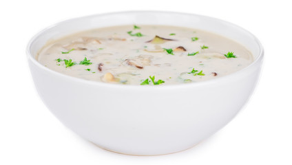Portion of Porcini Soup isolated on white