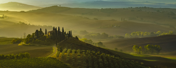 autumn panorama of the most beautiful area in Tuscany, Val d'Orcia Valley - obrazy, fototapety, plakaty