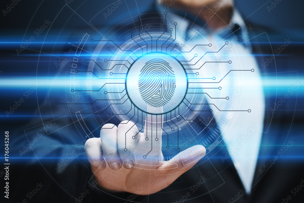 Poster fingerprint scan provides security access with biometrics identification. business technology safety