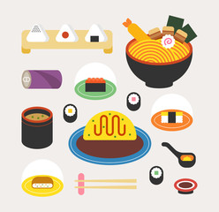 japan traditional food table vector flat design illustration set 