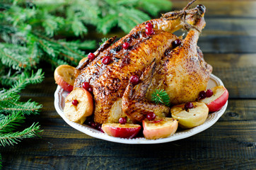 Christmas chicken, turkey baked with cranberries and apples