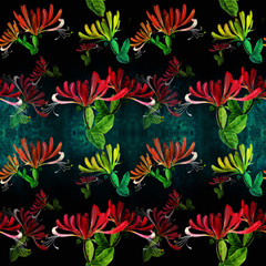 Obraz premium Honeysuckle. Seamless pattern. Flowers and leaves. Decorative composition on a watercolor background. Floral motifs. Seamless pattern. Use printed materials, signs, items, websites, maps, posters.